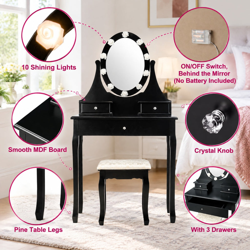 Airfind 3 Drawers Lighted Mirror Vanity Dressing Table Stool Set, Pine PE plastic MDF Frame, 30 Inch x 16 Inch x 55 Inch (L x W x H) The Footprint, Black