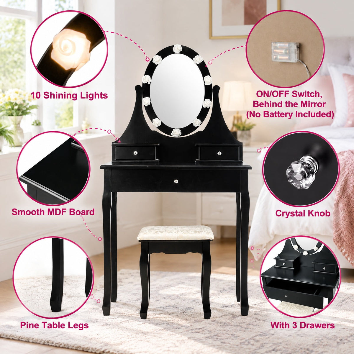 Airfind 3 Drawers Lighted Mirror Vanity Dressing Table Stool Set, Pine PE plastic MDF Frame, 30 Inch x 16 Inch x 55 Inch (L x W x H) The Footprint, Black