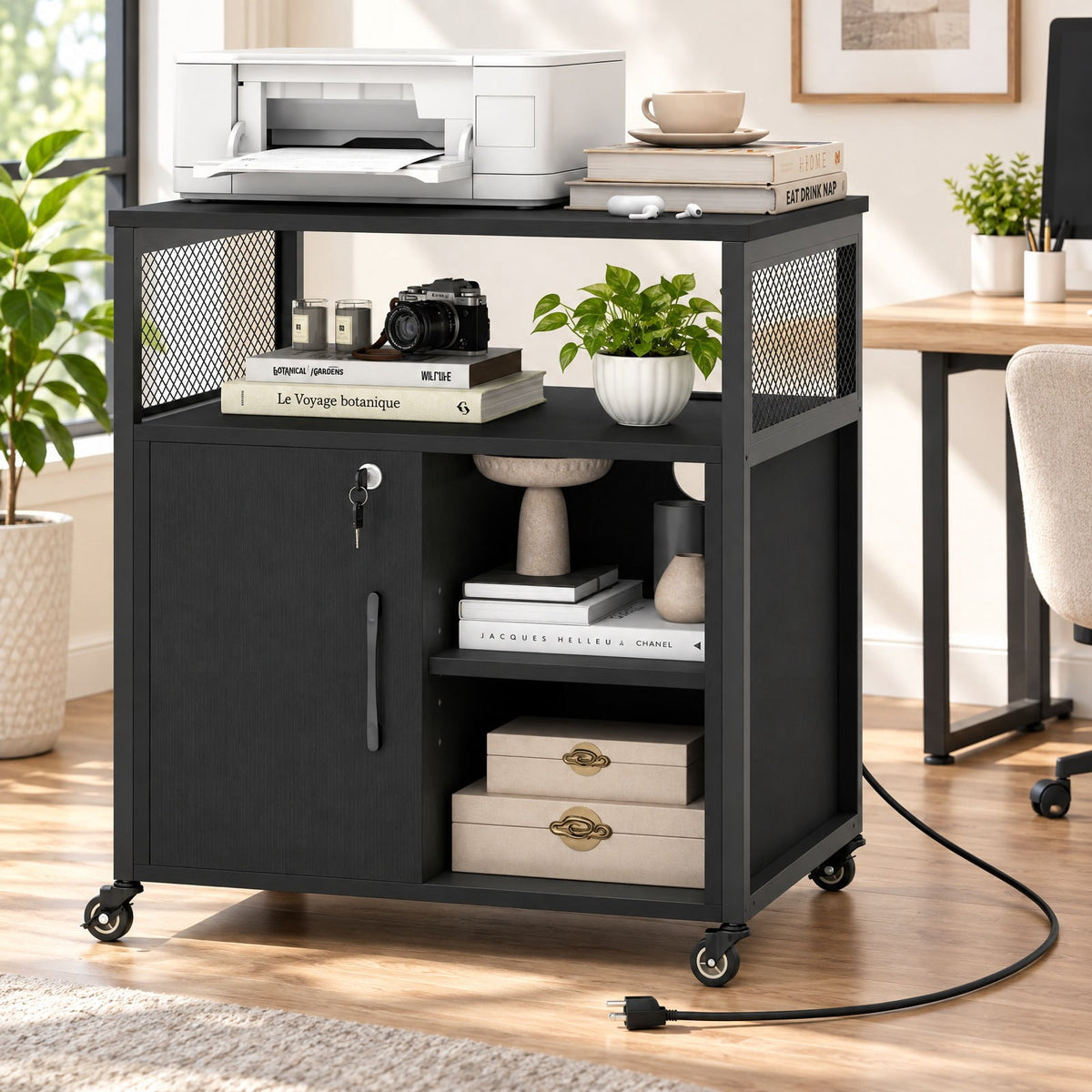 Airfind File Cabinet on Wheels with Charging Station and Cable Management Hole, 24 Inch x 17 Inch x 26 Inch Footprint, Black