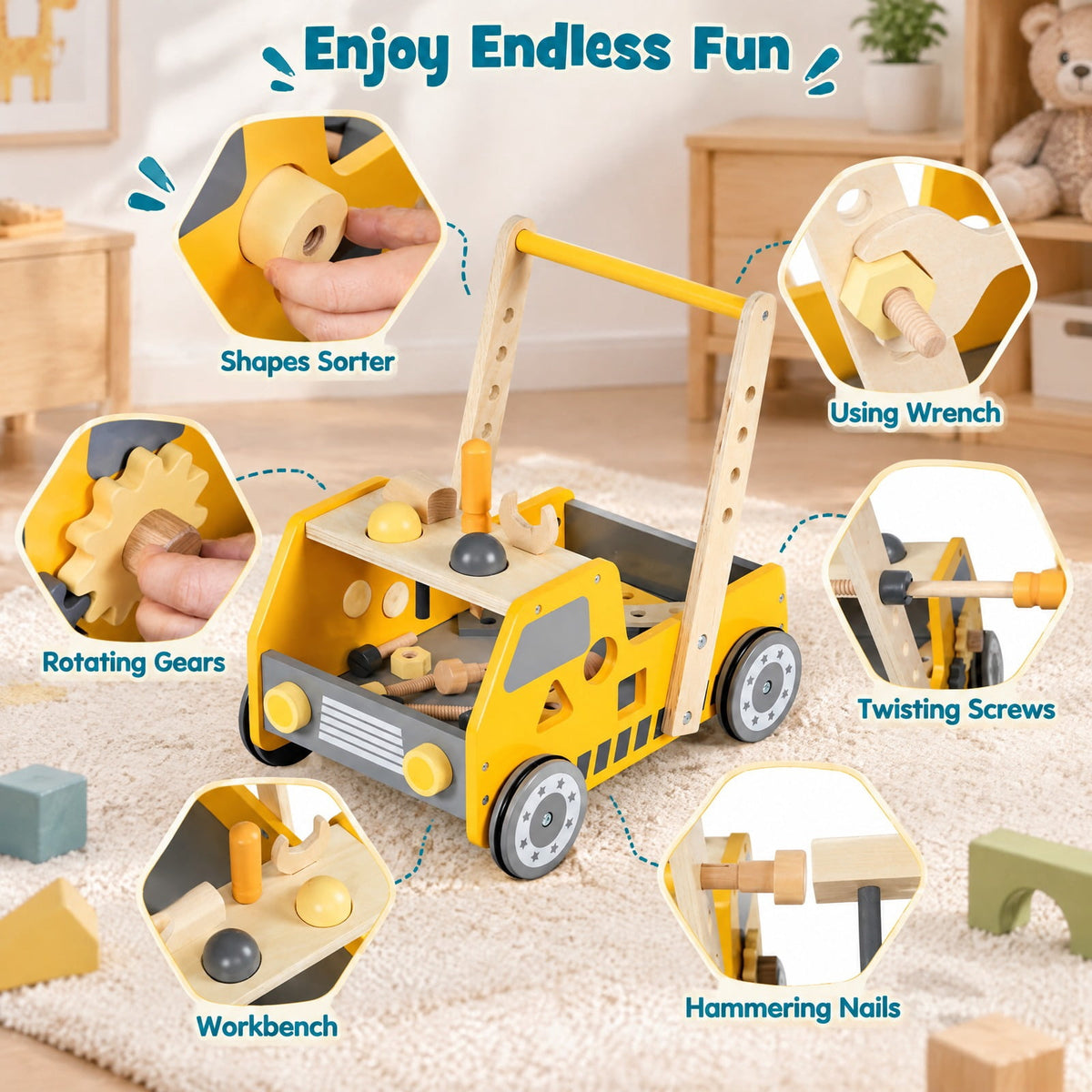 Airfind 2-in-1 Wooden Baby Walker with Adjustable Speed and Bottom Storage, MDF Frame, for 3+ Years Old, 16in x 12.5in x 16.5in Footprint, Yellow