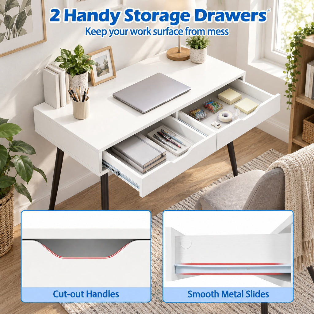Airfind 43.5 Inch Computer Desk with 2 Drawers for Small Spaces, 165 lbs Capacity, Engineered Wood Frame, White