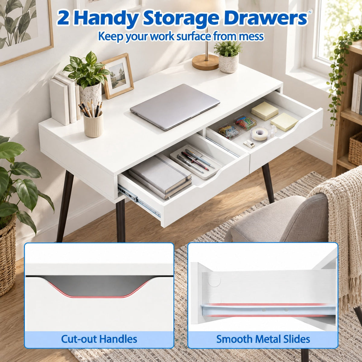 Airfind 43.5 Inch Computer Desk with 2 Drawers for Small Spaces, 165 lbs Capacity, Engineered Wood Frame, White