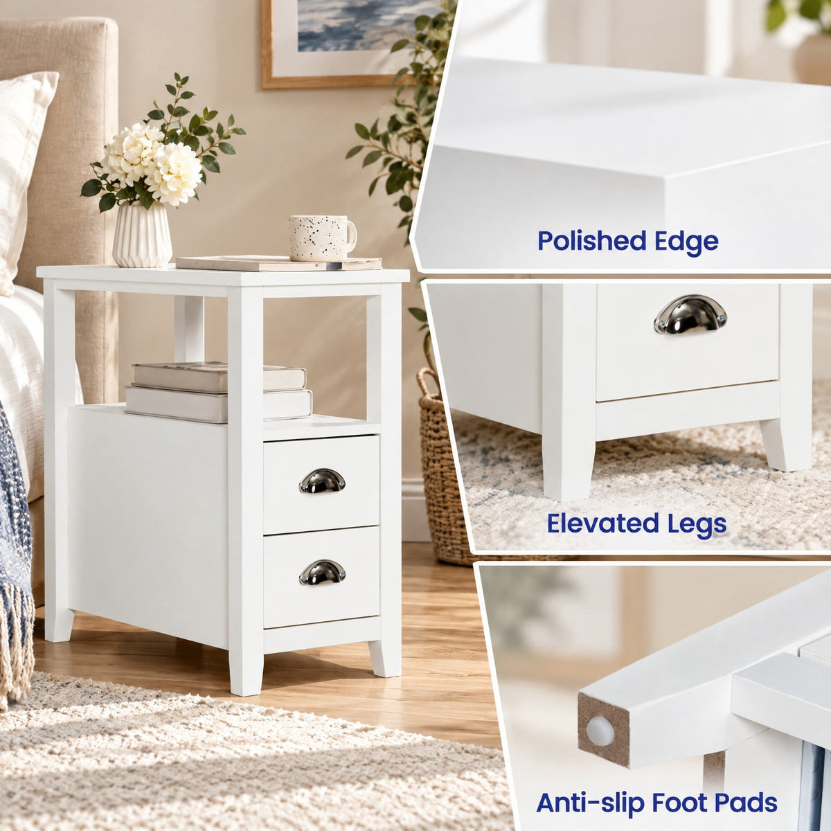 Airfind 2 Pieces Wooden Bed-side Nightstand Set with 2 Drawers, 33 lbs Capacity, Practice board Frame, White