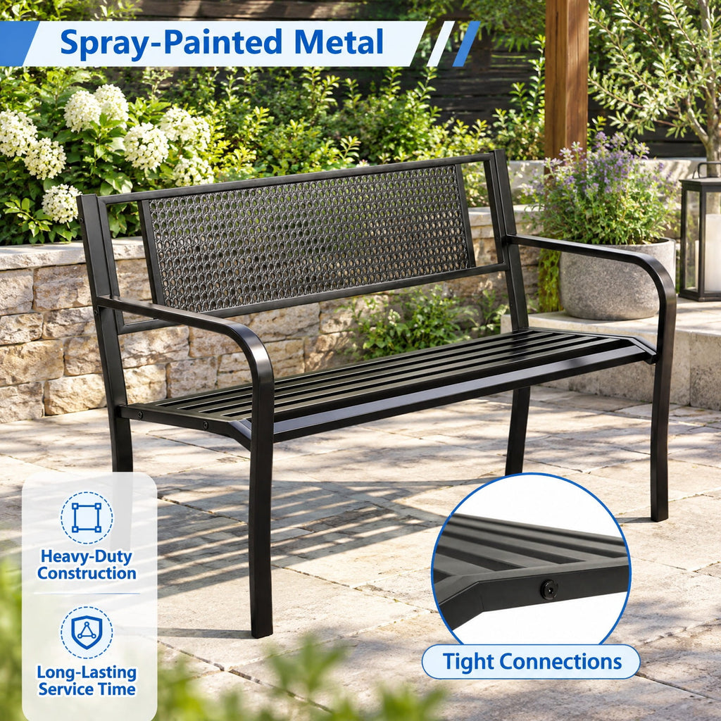 Airfind 50 Inches Garden Bench with Patterned Backrest and Curved Armrests, 660 lbs Capacity, Metal Frame, 50 × 23 × 32 Footprint, Black
