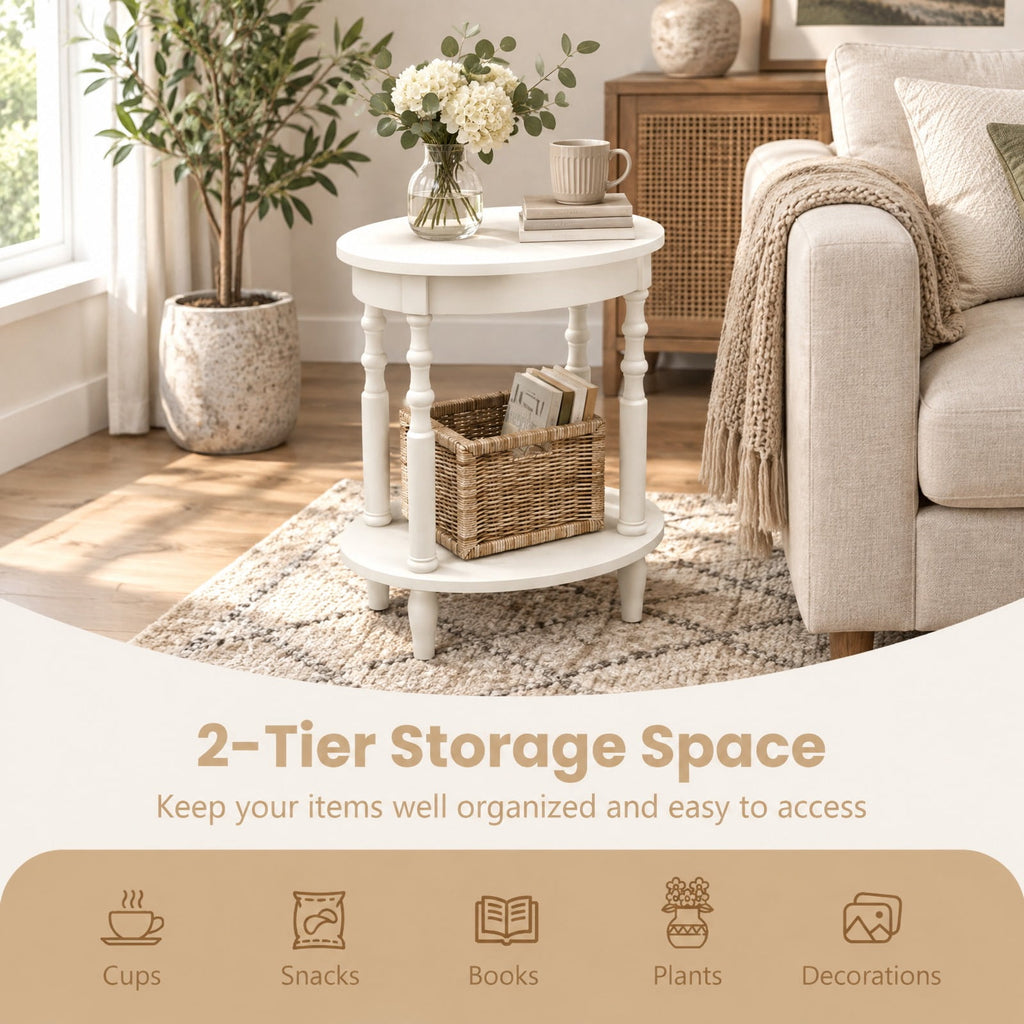 Airfind 2-Tier Oval Side Table with Storage Shelf and Solid Wood Legs, 245 lbs Capacity, MDF Rubber Wood Frame, White