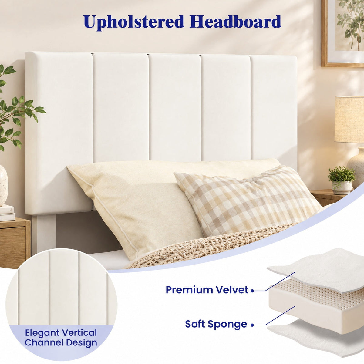 Airfind off-white Linen Upholstered Platform Bed with Height Adjustable Vertical Channel Headboard, 500 lbs Capacity, Velvet Frame, Off-White
