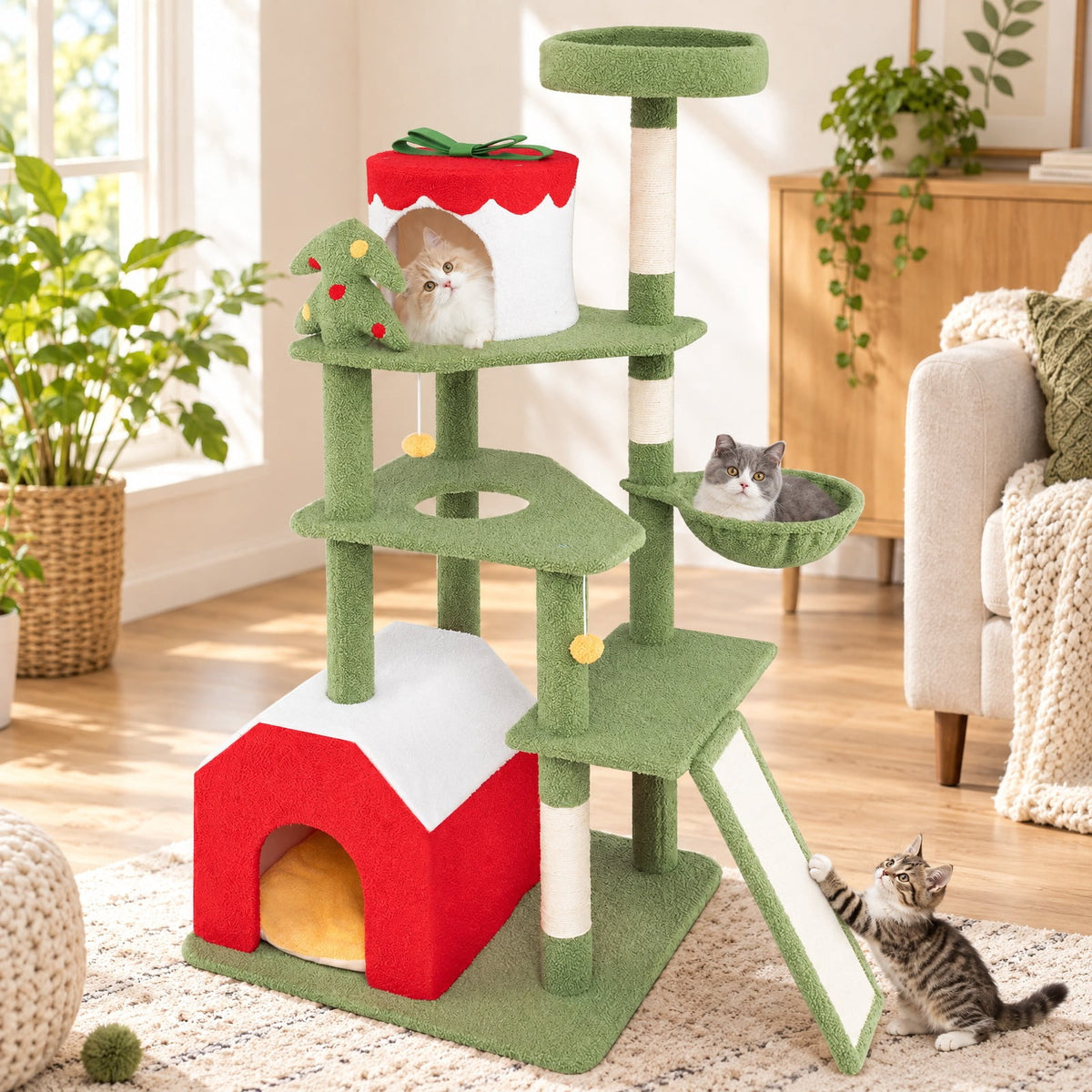 Airfind 61 Inches Cute Christmas Cat Tree with Sisal Scratching Posts and 2 Condos, 22 lbsNet Weight 42.5 lbsBox Qty1(May vary by batch) Capacity