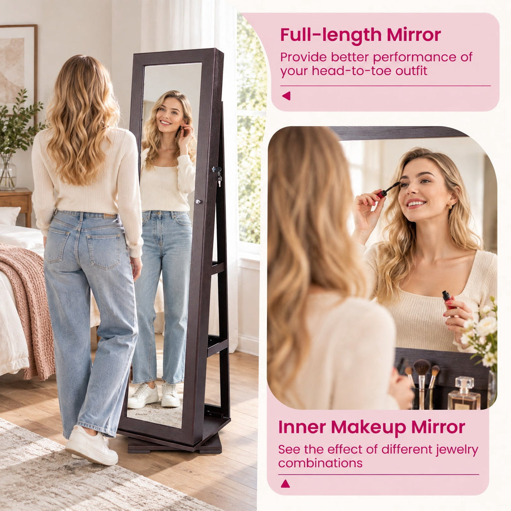 Airfind Jewelry Cabinet, 360¡ã Rotatable 2-in-1 Lockable, with Full-Length Mirror, P2 MDF Frame, 15 Inch x 15 Inch x 63.5 Inch (L x W x H) External, Brown