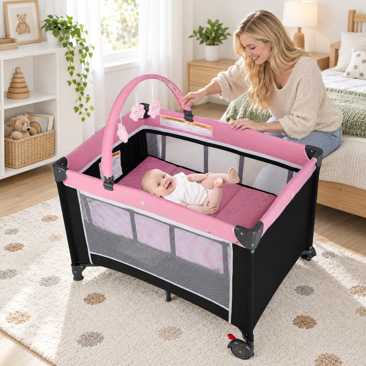 Airfind 3-in-1 Portable Baby Crib and Playpen with Changing Table, 19.8 lbs Capacity, Oxford Fabric PP Metal Mesh Cloth Frame, for 0-3 years old