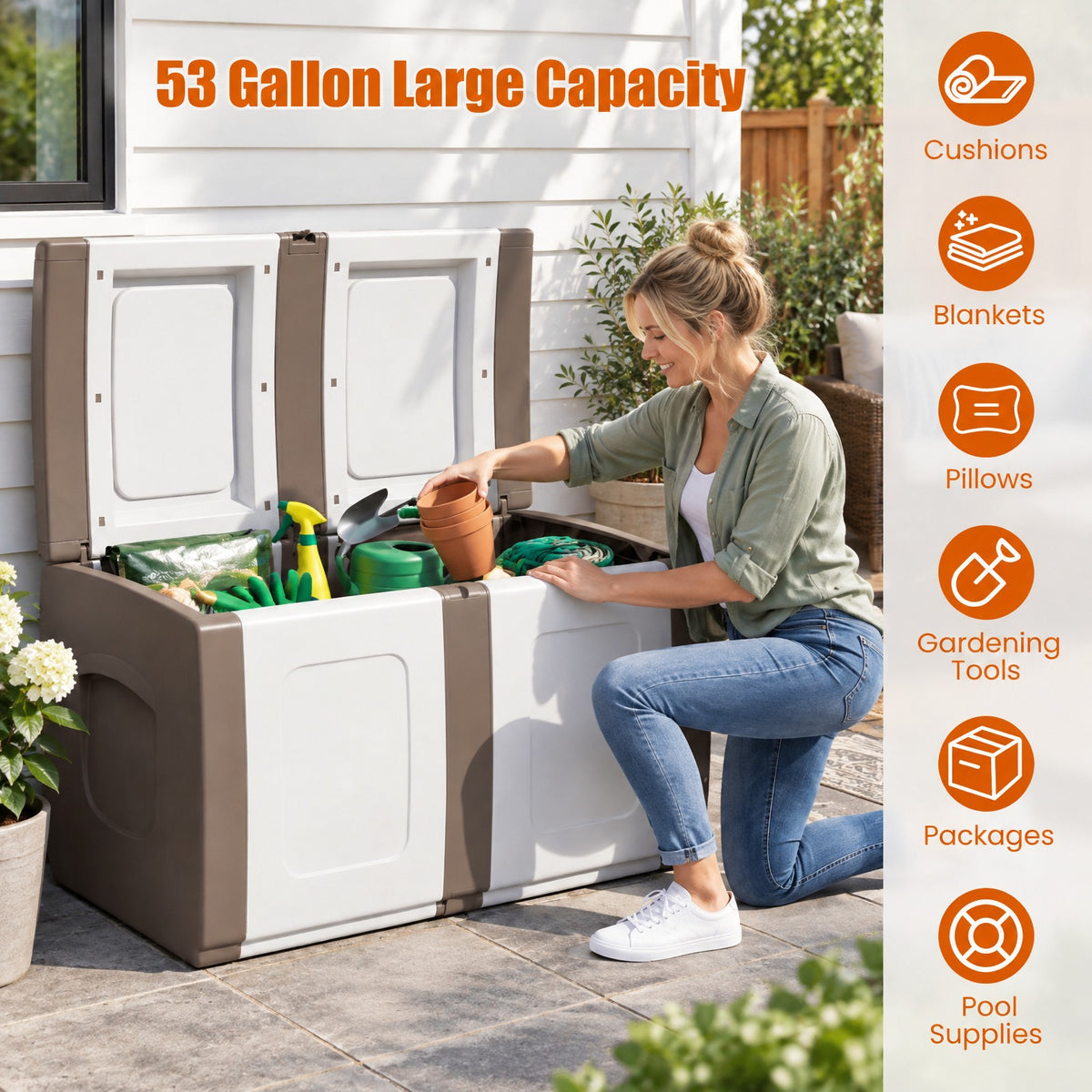 AIRFIND Deck Box 53 Gallon, Outdoor Patio Storage Container with Lockable Lid, Side Handles and Tool-Free Assembly for Garden Supplies, Beige