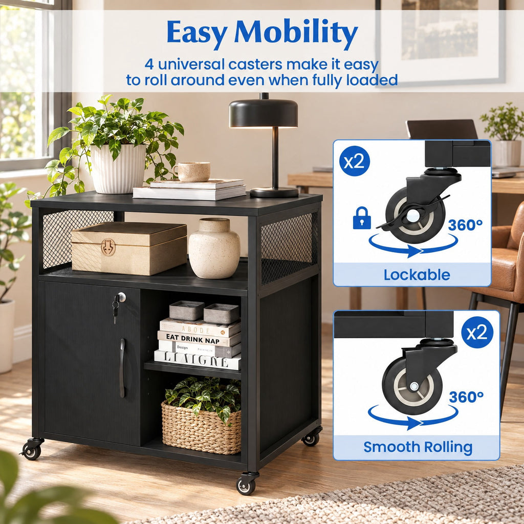 Airfind File Cabinet on Wheels with Charging Station and Cable Management Hole, 24 Inch x 17 Inch x 26 Inch Footprint, Black