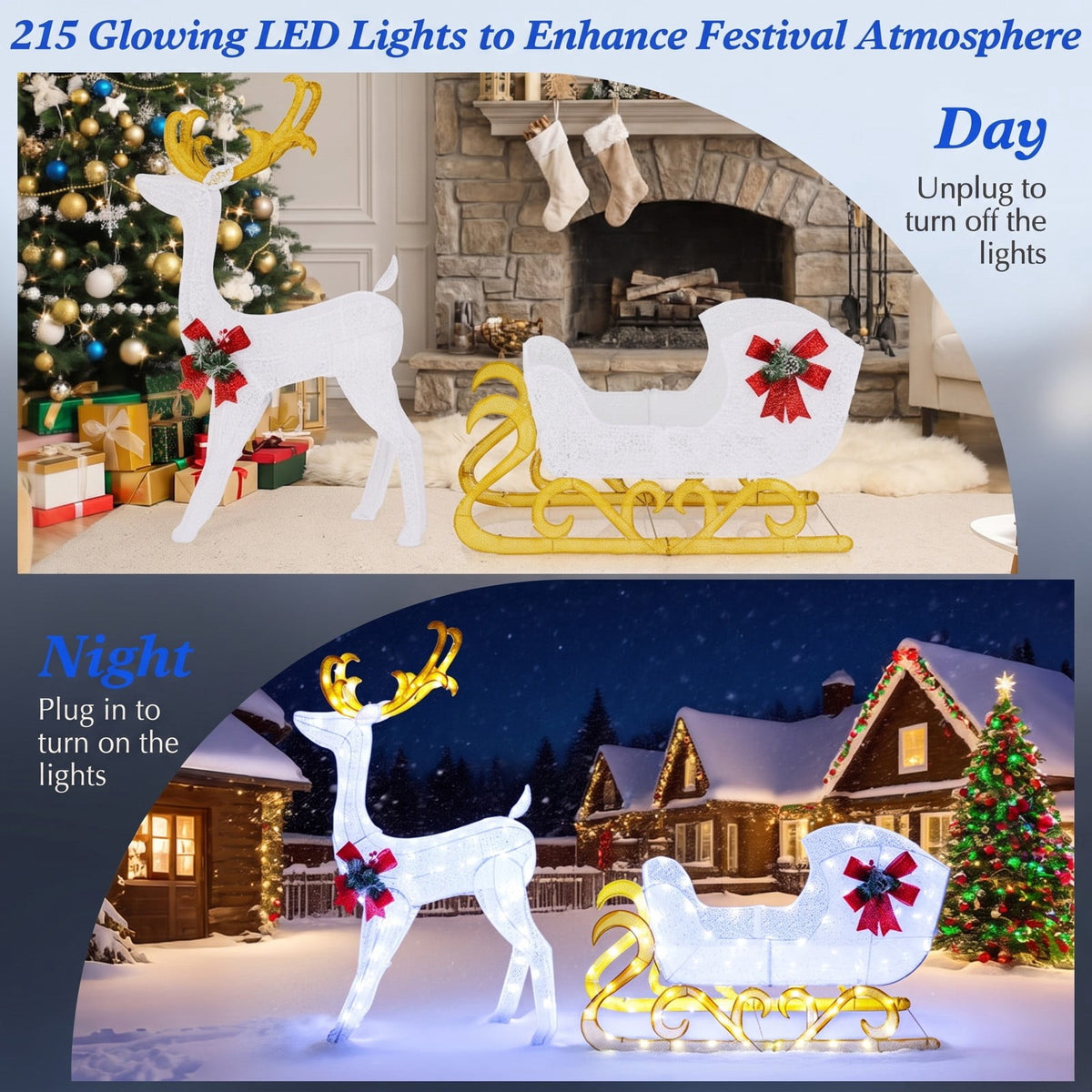 Airfind 6 Feet Christmas Lighted Reindeer and Santas Sleigh Decoration with 4 Stakes, Steel tinsel Frame, 19.5 x 72.5 x 48.5 Footprint, White