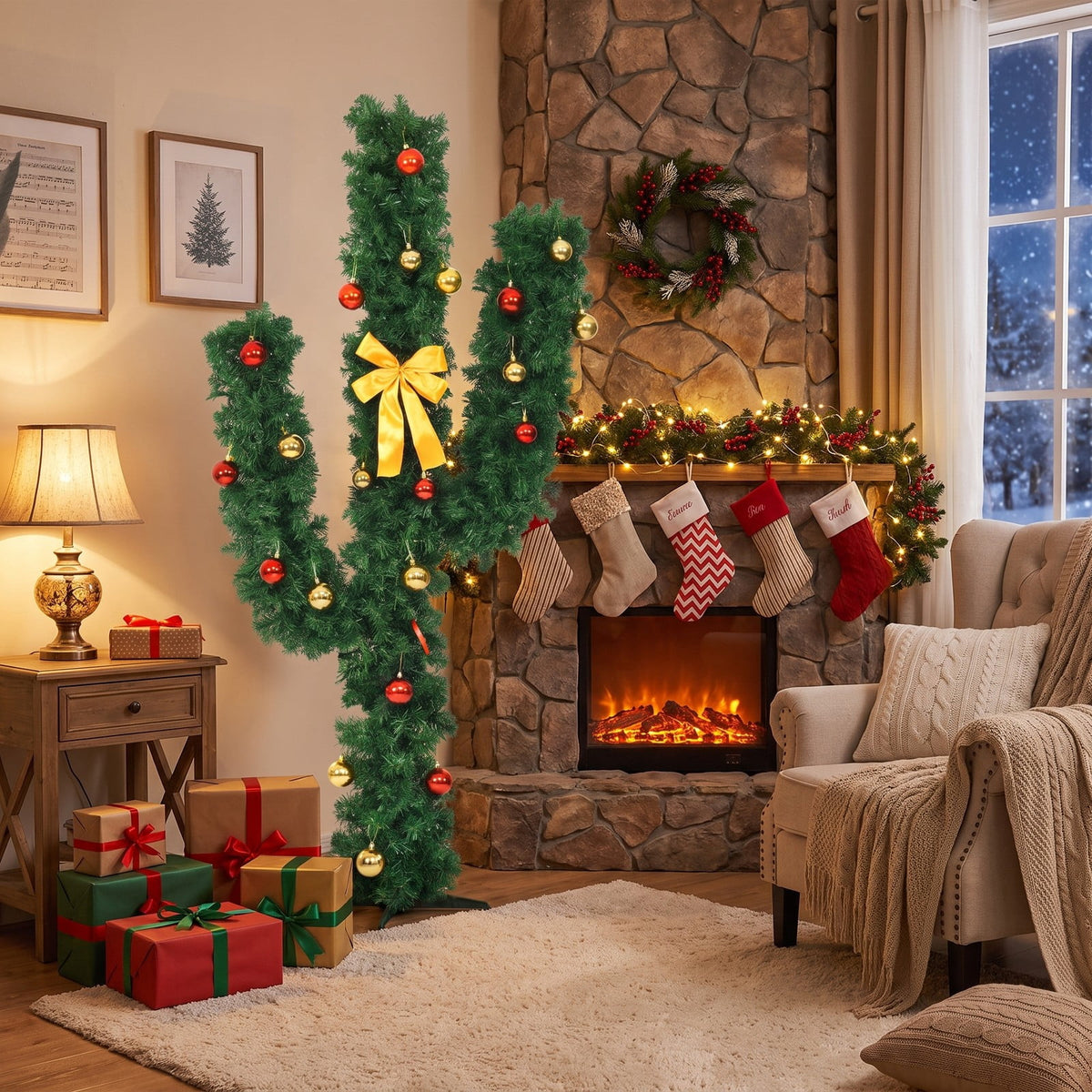Airfind 6 Feet Artificial Cactus PVC Christmas Tree with LED Lights and Ball Ornaments-6 ft, PVC Metal Frame, Green
