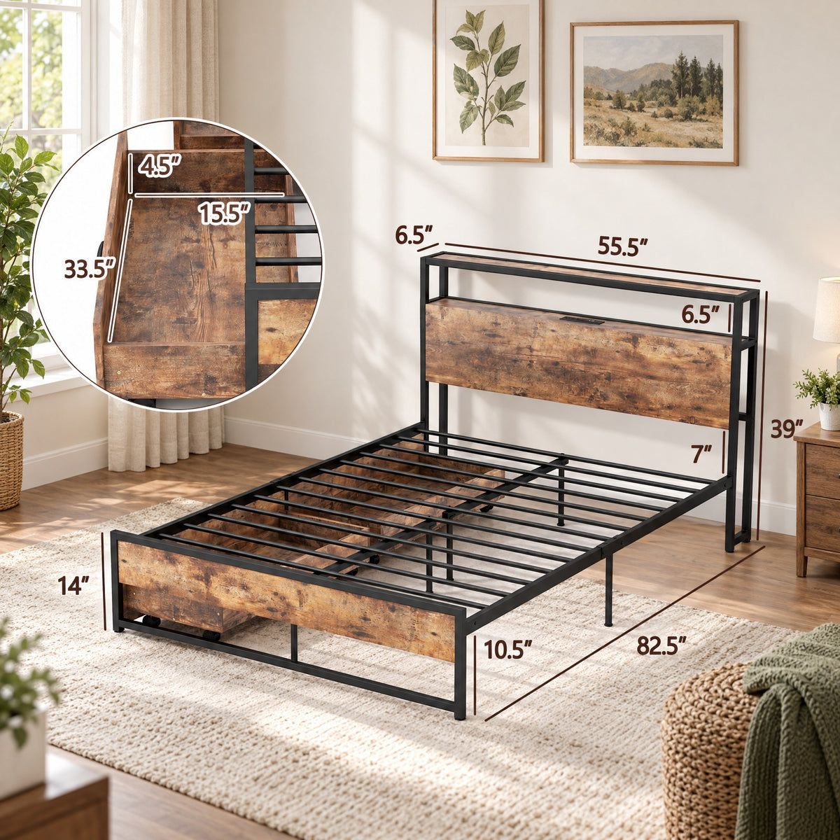 Airfind Full Size Bed Frame with 2-Tier Storage Headboard and Charging Station, 600 lbs Capacity, Metal MDF Frame, 82.5 Inch x 55.5 Inch x 39 Inch Footprint