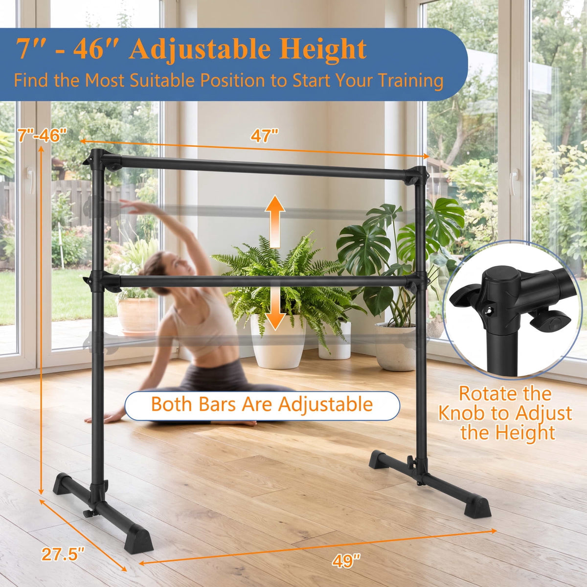 Airfind 4 Feet Double Ballet Barre with Adjustable Height and Anti Skid Pads for Home Dance Studio Stretching and Practice, Black