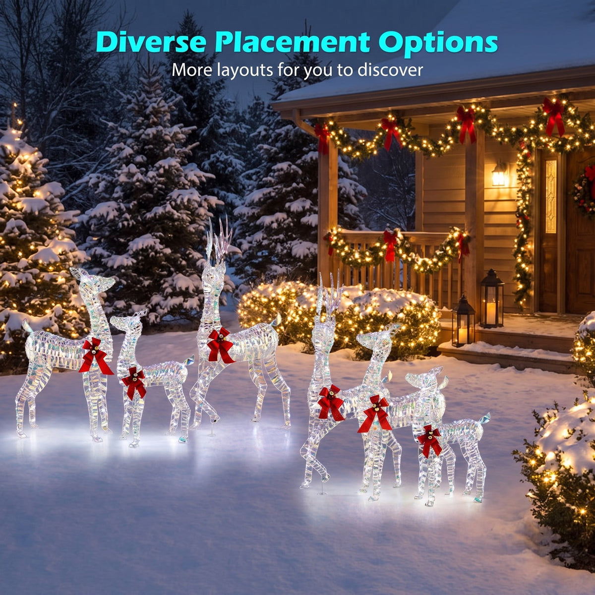 Airfind Christmas Reindeer Family Set of 3 Featuring 230 Cold White LED Lights, Metal Frames and Ground Stakes for Lawn and Garden, White