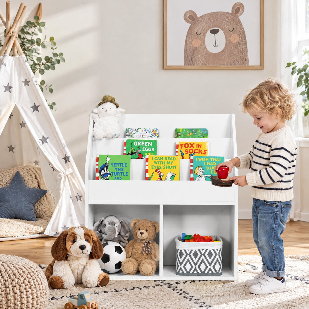 Airfind Kids Wooden Bookshelf Bookcase Children Toy Storage Cabinet Organizer, Engineered wood Frame, 29in x 12in x 32in Footprint, White