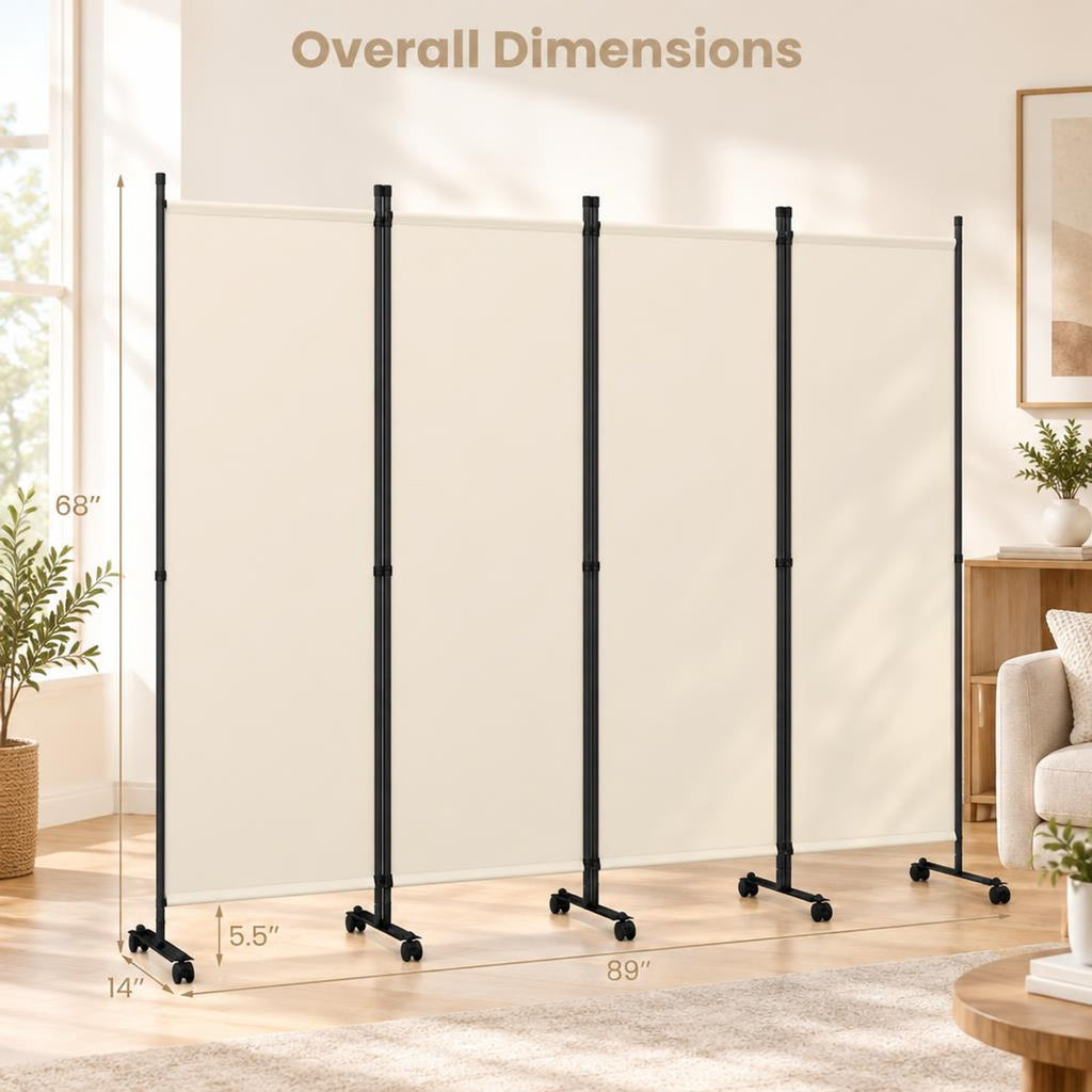 Airfind 4-Panel Room Divider with Lockable Wheels for Living Room, Polyester Fabric Metal Frame, 87in x 14in x 68in Footprint, Beige
