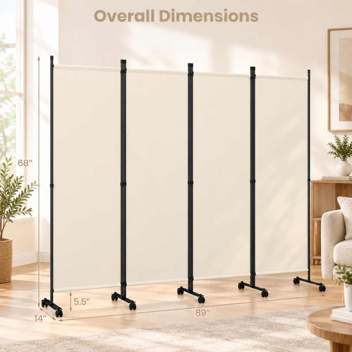 Airfind 4-Panel Room Divider with Lockable Wheels for Living Room, Polyester Fabric Metal Frame, 87in x 14in x 68in Footprint, Beige
