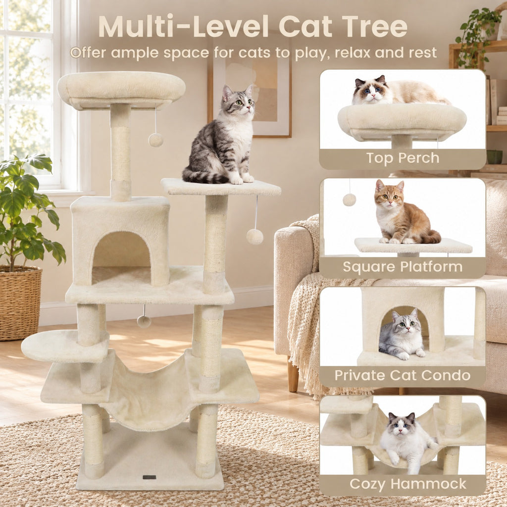 Airfind 58 Multi-Level Cat Tree Soft Plush Cat Tower with Padded Top Perch, PP Cotton Fabric Sisal Engineered Wood Overall Height 58 Base Frame