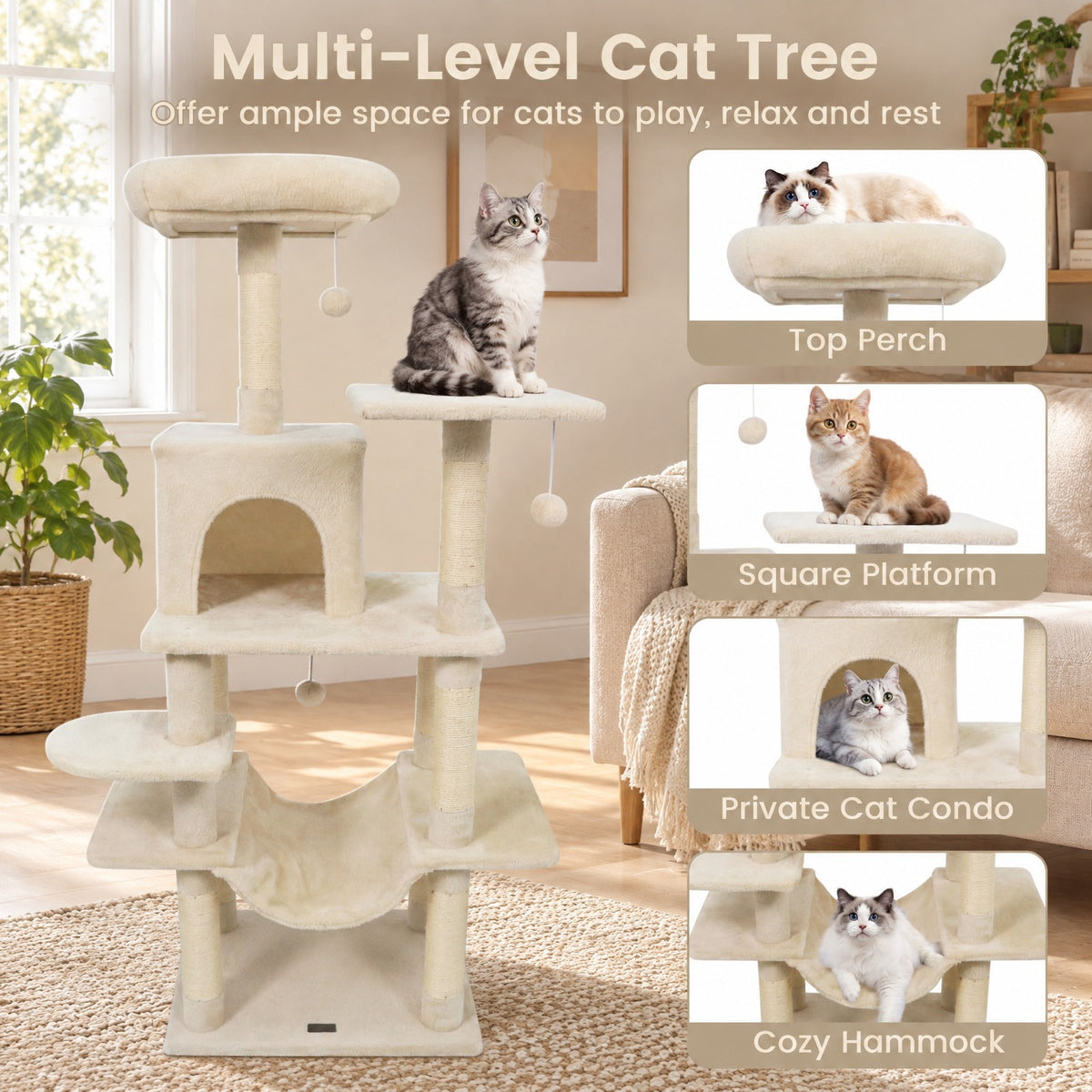 Airfind 58 Multi-Level Cat Tree Soft Plush Cat Tower with Padded Top Perch, PP Cotton Fabric Sisal Engineered Wood Overall Height 58 Base Frame