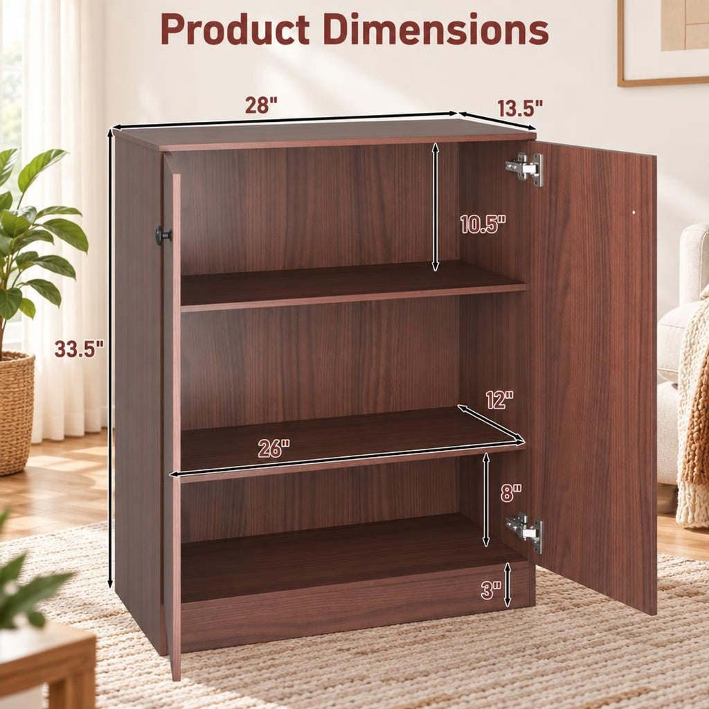 Airfind 2-Door Modern Floor Storage Cabinet with 3-Tier Shelf, 110 lbs Capacity, Engineered Wood MDF Frame, 27.5in x 13.5in x 33.5in Footprint, Brown