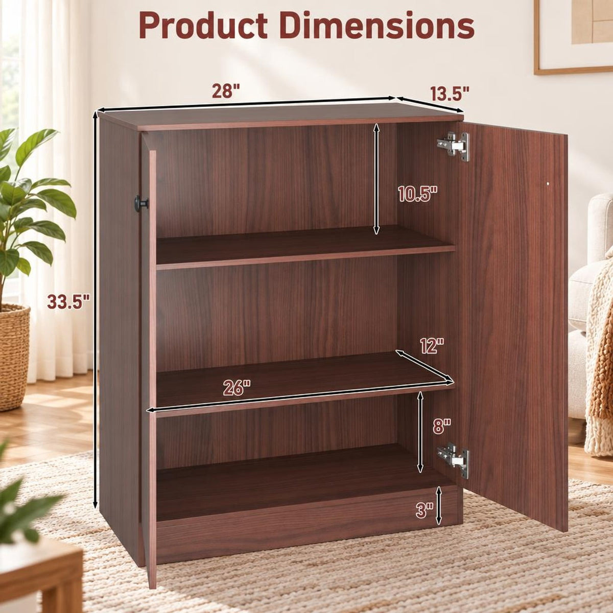Airfind 2-Door Modern Floor Storage Cabinet with 3-Tier Shelf, 110 lbs Capacity, Engineered Wood MDF Frame, 27.5in x 13.5in x 33.5in Footprint, Brown