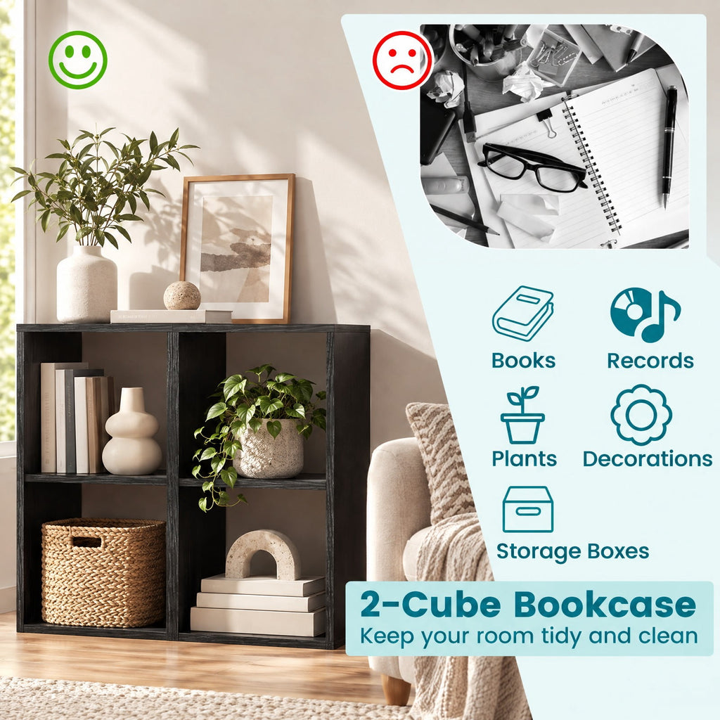 Airfind 2 Cube Bookshelf with Back Guardrail for Living Room Bedroom, Engineered Wood Frame, 14 Inch x 13 Inch x 27.5 Inch Depth of Bottom Shelf 12 Inch Footprint