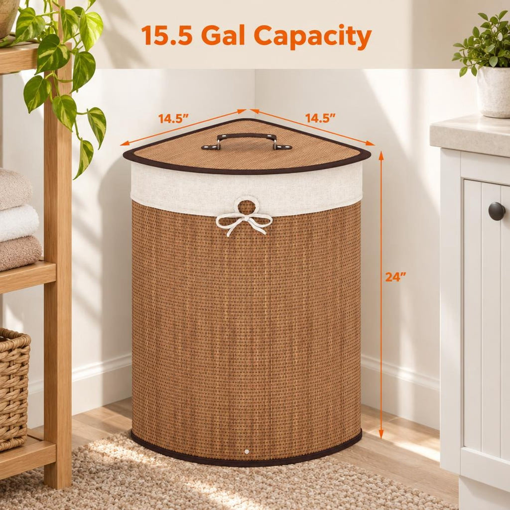 Airfind Bamboo Laundry Hamper Basket with Lid and Removable Liner Bag, Bamboo and polyester cotton Frame, Yellow