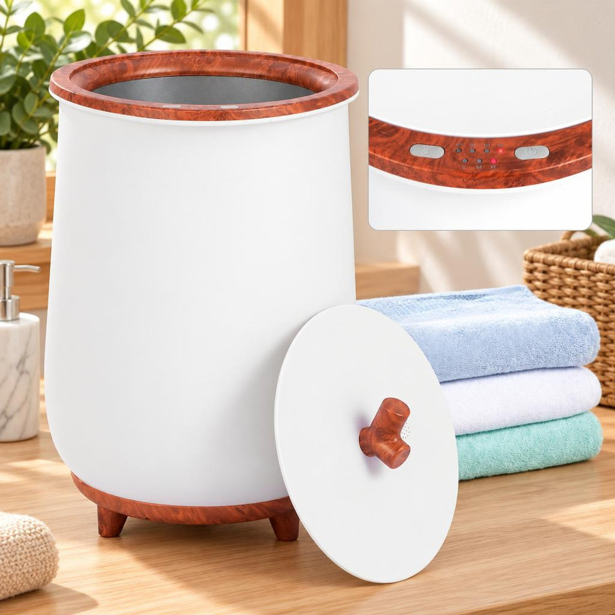 Airfind 23L Large Luxury Bucket-Style Towel Warmer with Fragrant Disc Holder, Plastic Frame, 13.5in x 21in (Dia. x H) Rated Footprint, Coffee