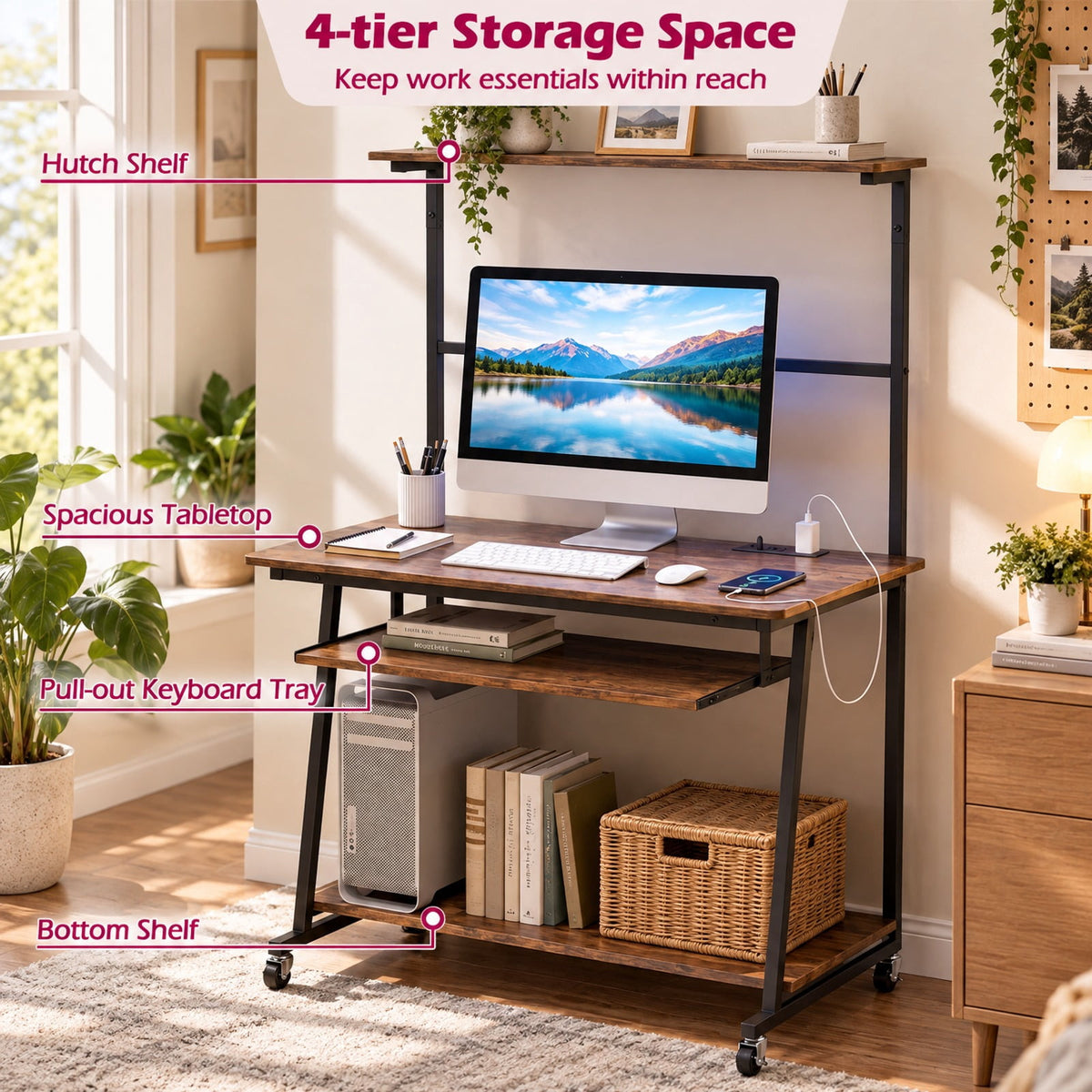 Airfind Small Computer Desk with Charging Station and LED Lights and Wheels, 165 lbs Capacity, Metal Engineered Wood Frame, Brown
