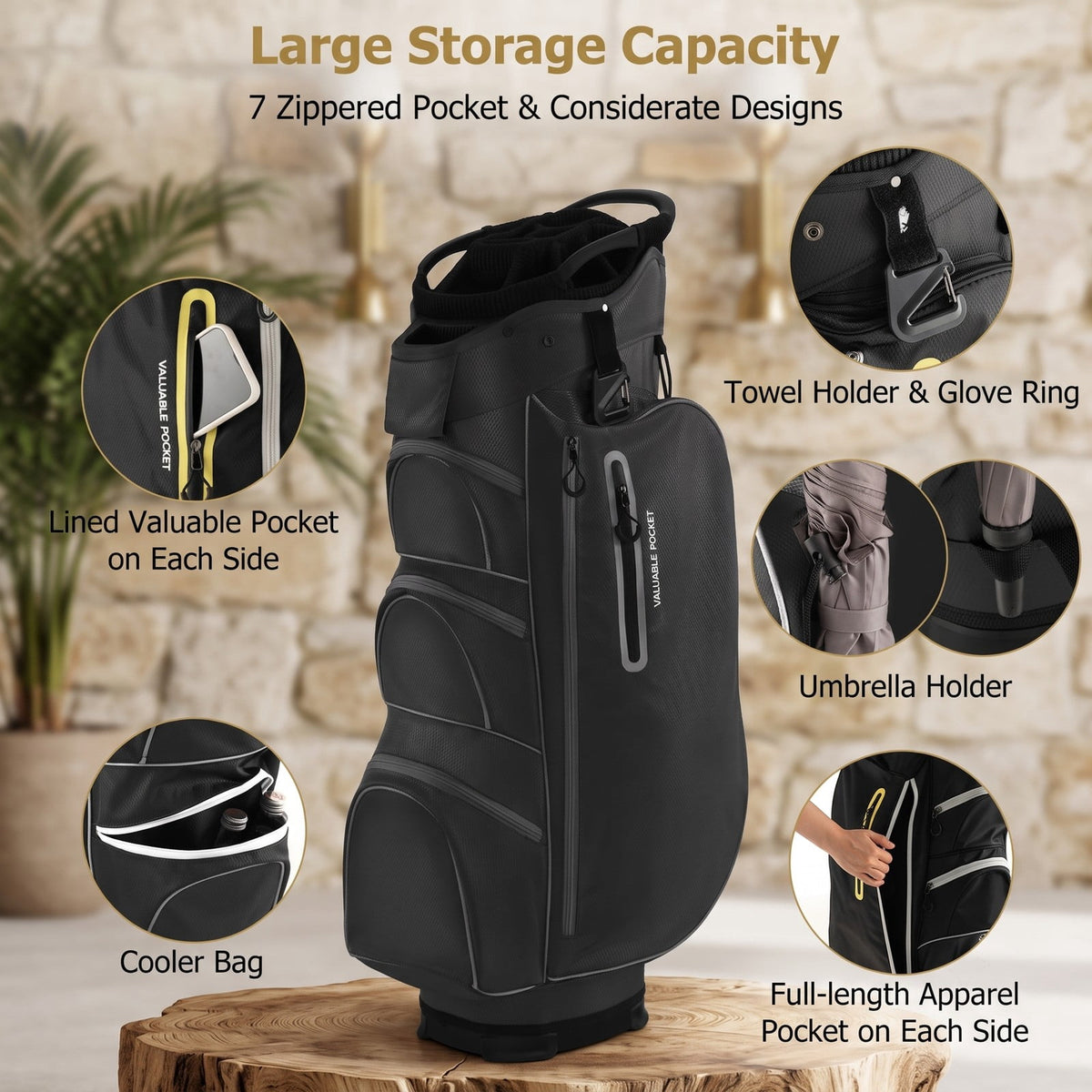 Airfind 9.5 Inch Lightweight Golf Cart Bag with 15 Way Top Dividers, 7 Zipper Pockets, Cooler Bag, Rain Hood, Shoulder Strap for Men Women, Black