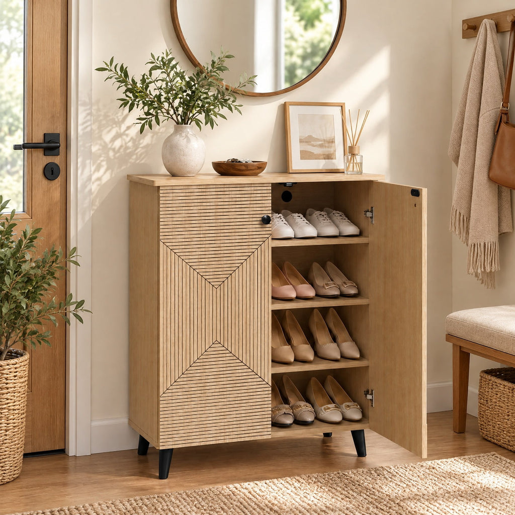 Airfind High‑quality 2‑Door Geometric Cabinet Freestanding Decorative Footwear Storage Unit with Carved Panels for Indoor Home Use, 66 lbs Capacity