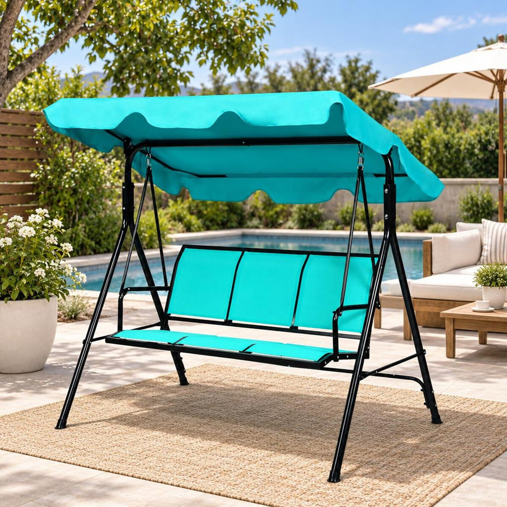 Airfind Outdoor Patio 3 Person Porch Swing Bench Chair with Canopy, 550 lbs Capacity, Steel textile fiber polyester Frame, Blue