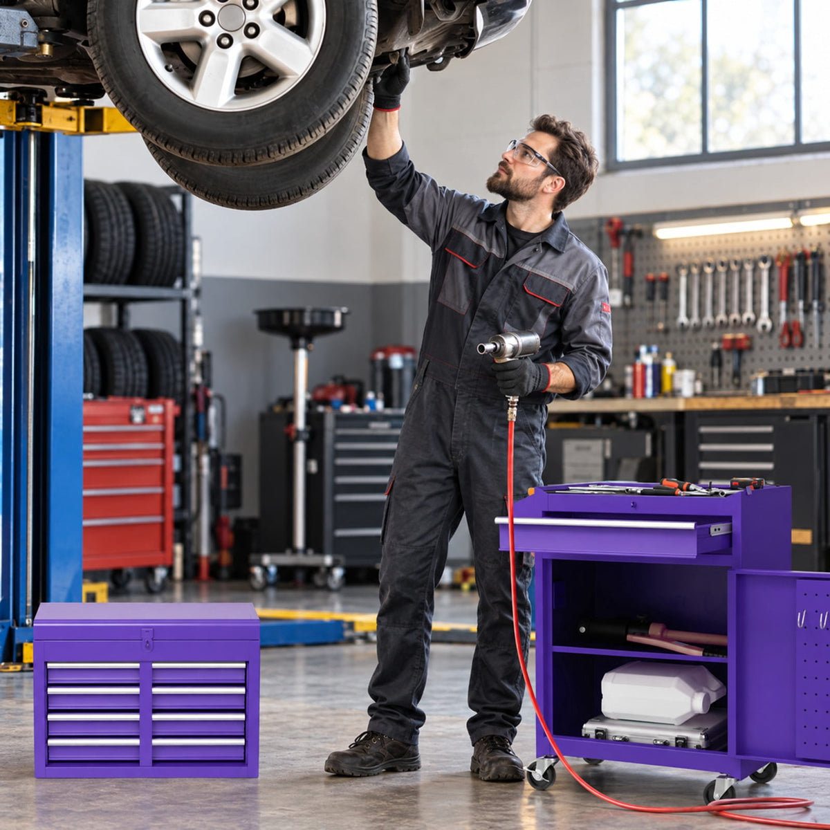 Airfind 2-in-1 Rolling Tool Chest with 5 Sliding Lockable Drawers, 220.5 lbs Capacity, Steel rubber-plastic synthetic Frame, Purple