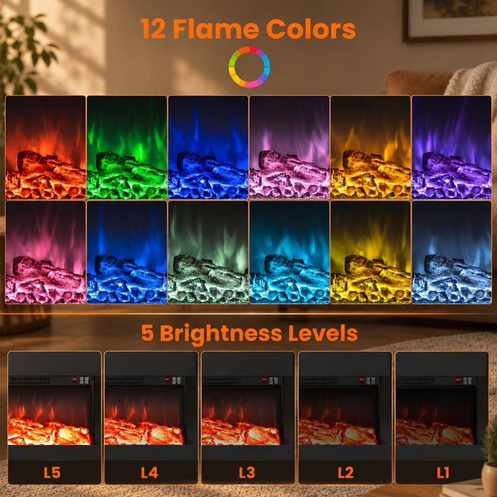 Airfind 3-Sided Black Wall Mount Electric WiFi Fireplace with Floating Mantel and 12 Flame Ambient-32 inches, Metal Tempered Glass Frame, Black