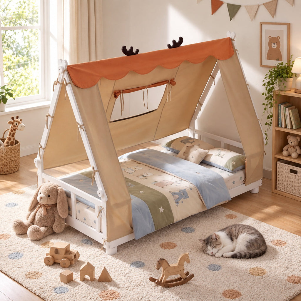 Airfind Twin Size House Floor Wood Bed with Tent, 350 lbs Capacity, Pine Wood Plywood Dutch Velvet Fabric Frame, 81 Inch x 41 Inch x 63 Inch Footprint, White