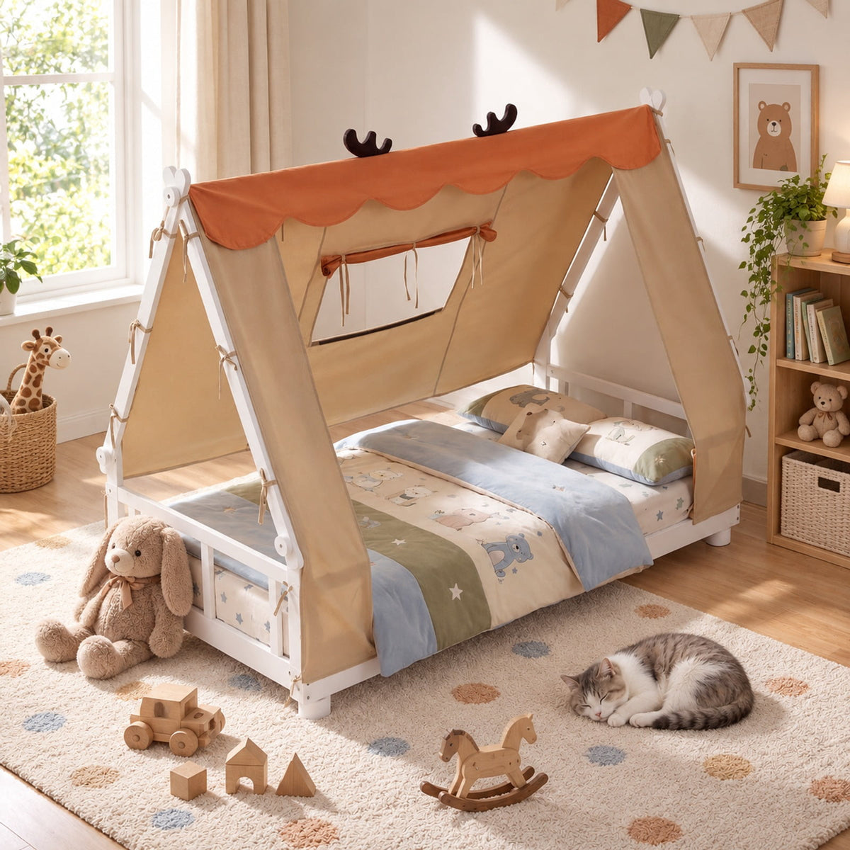 Airfind Twin Size House Floor Wood Bed with Tent, 350 lbs Capacity, Pine Wood Plywood Dutch Velvet Fabric Frame, 81 Inch x 41 Inch x 63 Inch Footprint, White