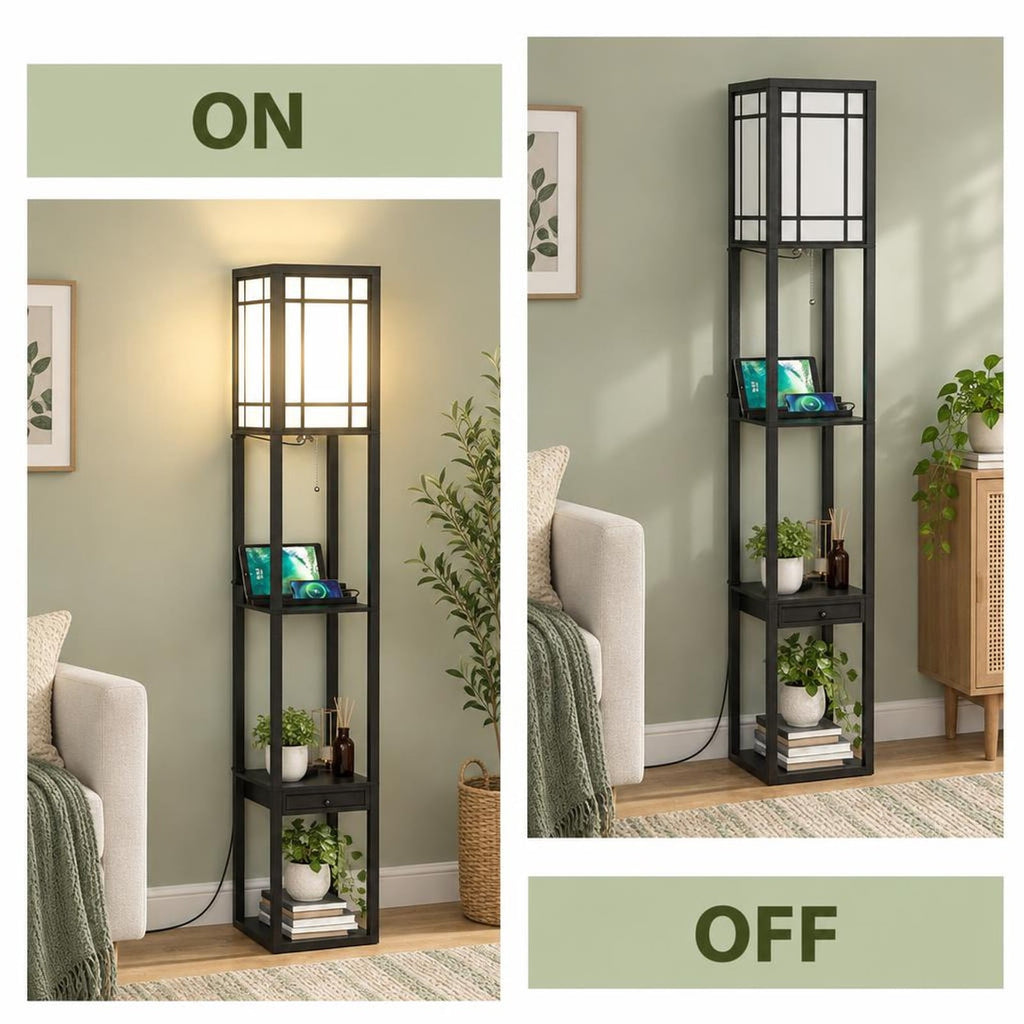 Airfind Modern Floor Lamp with Shelves and Drawer, MDF plastic Frame, 10 x 10 x 63 Footprint, Black