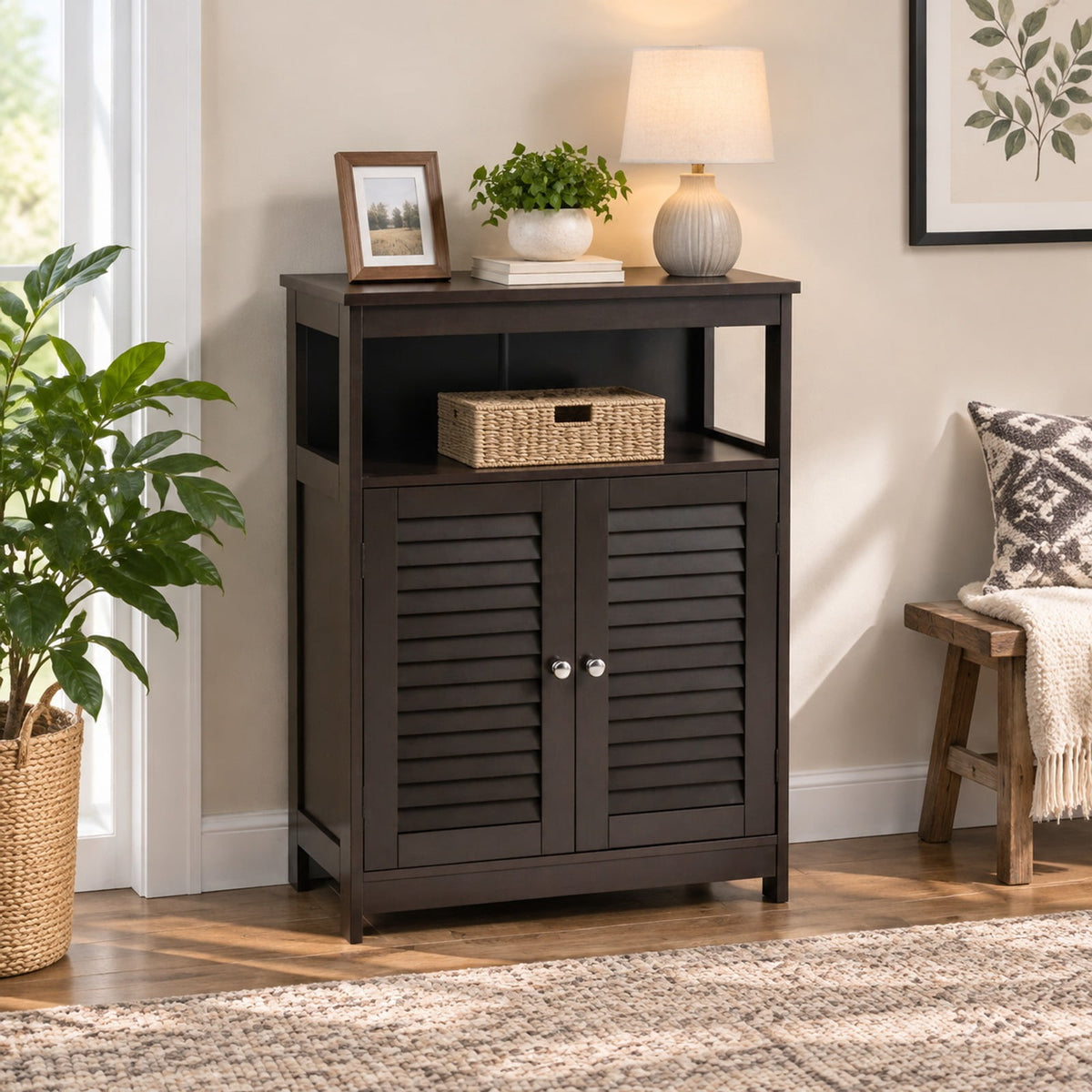 Airfind Wood Freestanding Bathroom Storage Cabinet with Double Shutter Door, 77 lbs Capacity, P2 MDF Frame, 23.5in x 12in x 31.5in Footprint, Brown