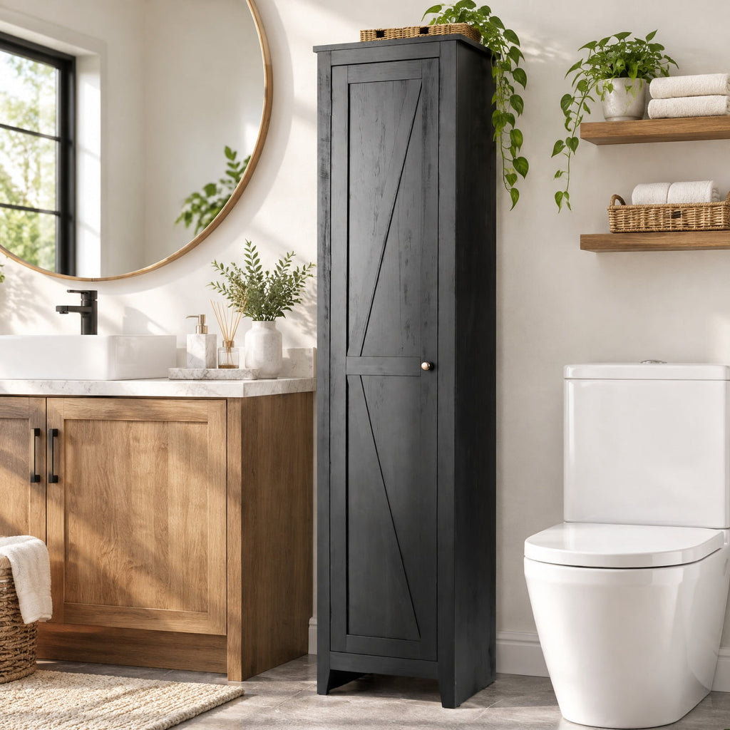 Airfind Linen Tower Bathroom Storage Cabinet Tall Slim Side Organizer with Shelf, 11 lbs Capacity, MDF particleboard Frame, Black