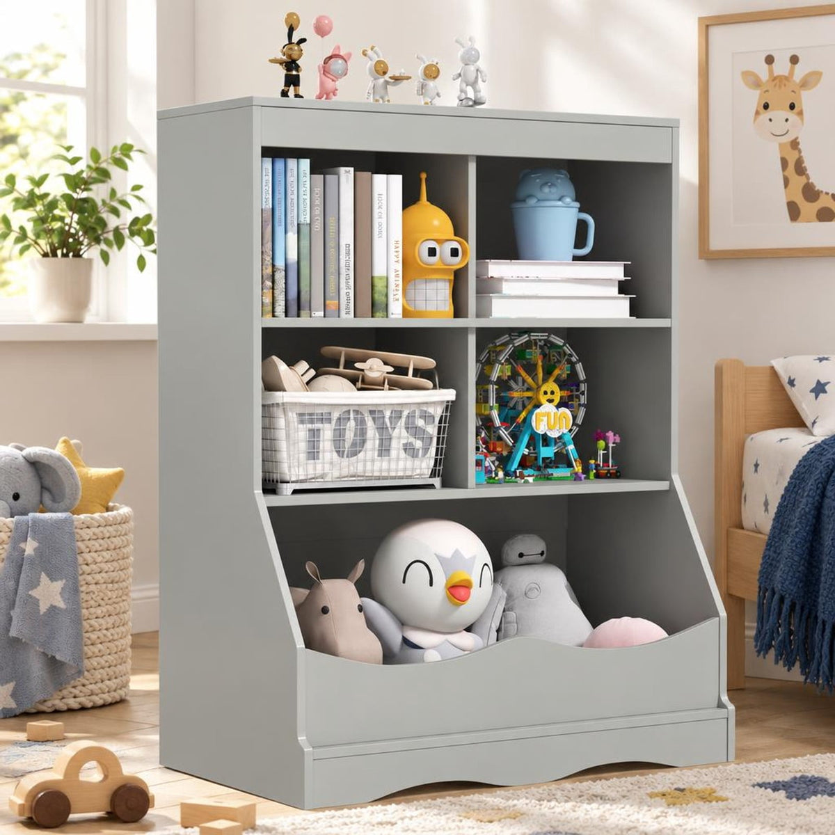 Airfind 3-Tier Childrens Multi-Functional Bookcase Toy Storage Bin Floor Cabinet, 66 lbs Capacity, MDF Engineered Wood Frame, Grey