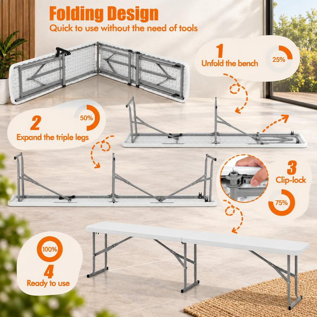 AIRFIND Folding Bench, 6 ft Portable HDPE Picnic Seat with Carrying Handle, Locking Metal Legs and Non-Slip Feet, 660 lb Capacity, White