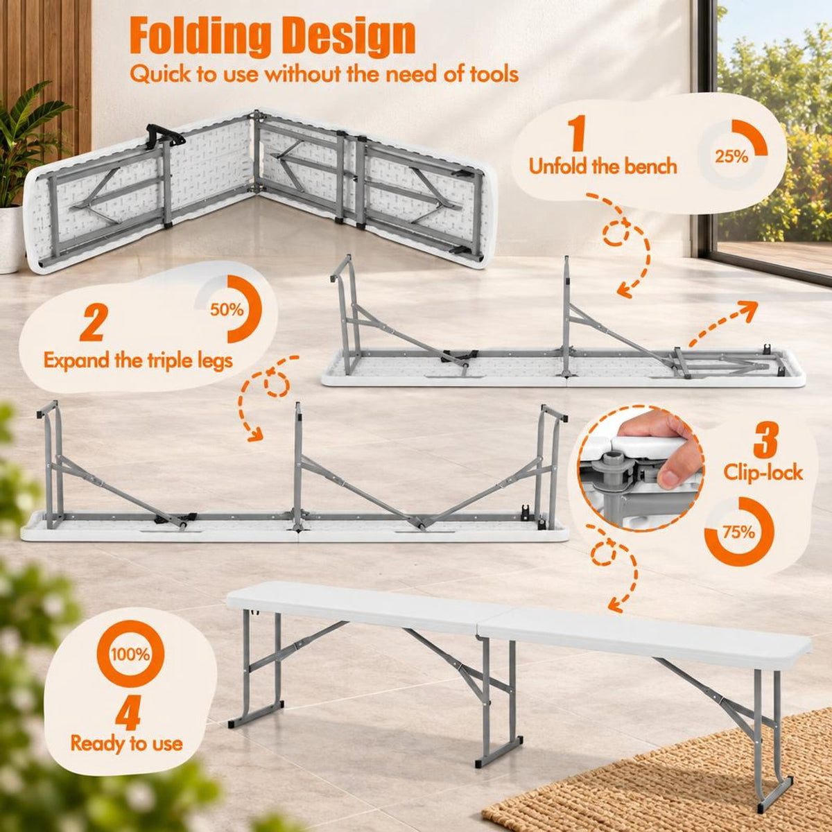 AIRFIND Folding Bench, 6 ft Portable HDPE Picnic Seat with Carrying Handle, Locking Metal Legs and Non-Slip Feet, 660 lb Capacity, White