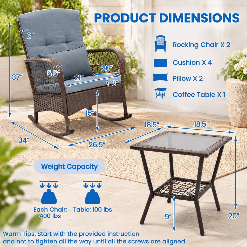 Airfind 3 Pieces Rocking Bistro Set with 2-Tier Coffee Table, PE Rattan Metal Tempered Glass Polyester Sponge Frame, 34 Inch x 26.5 Inch x 37 Inch Footprint