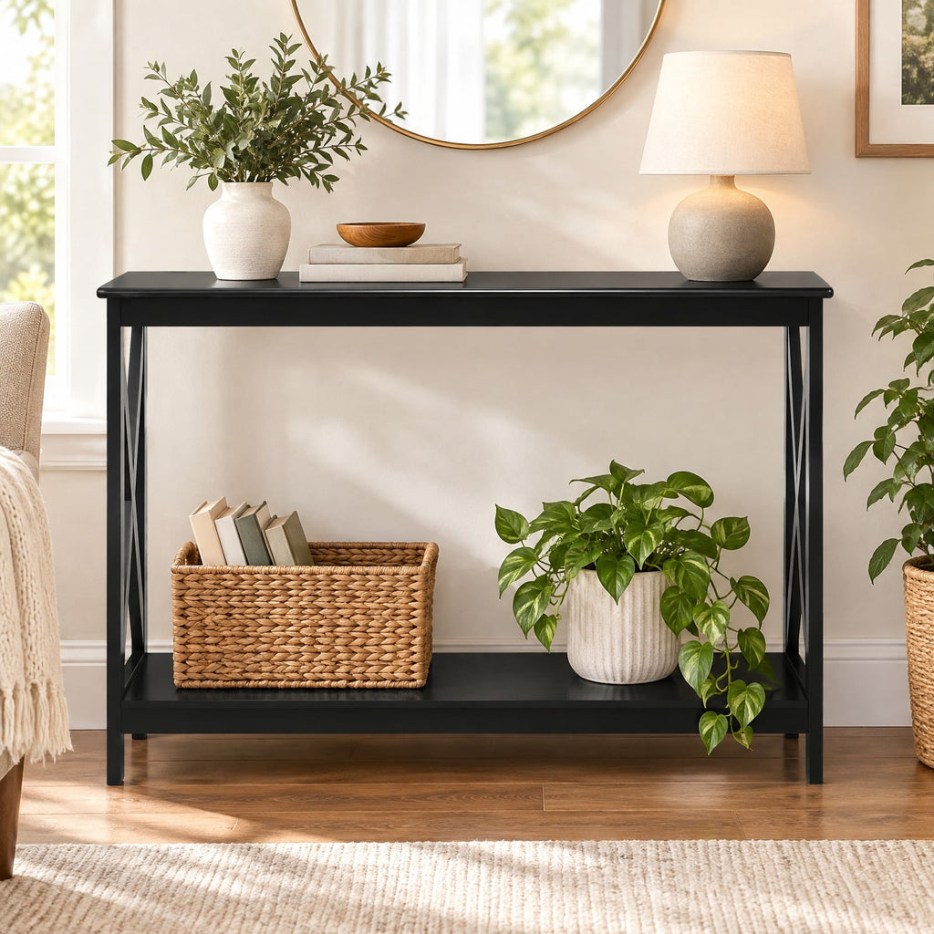 Airfind 2-Tier Console X-Design Sofa Side Accent Table, 66 lbs Capacity, P2 MDF Frame, 39.5 x 12 x 31.5 Footprint, Black