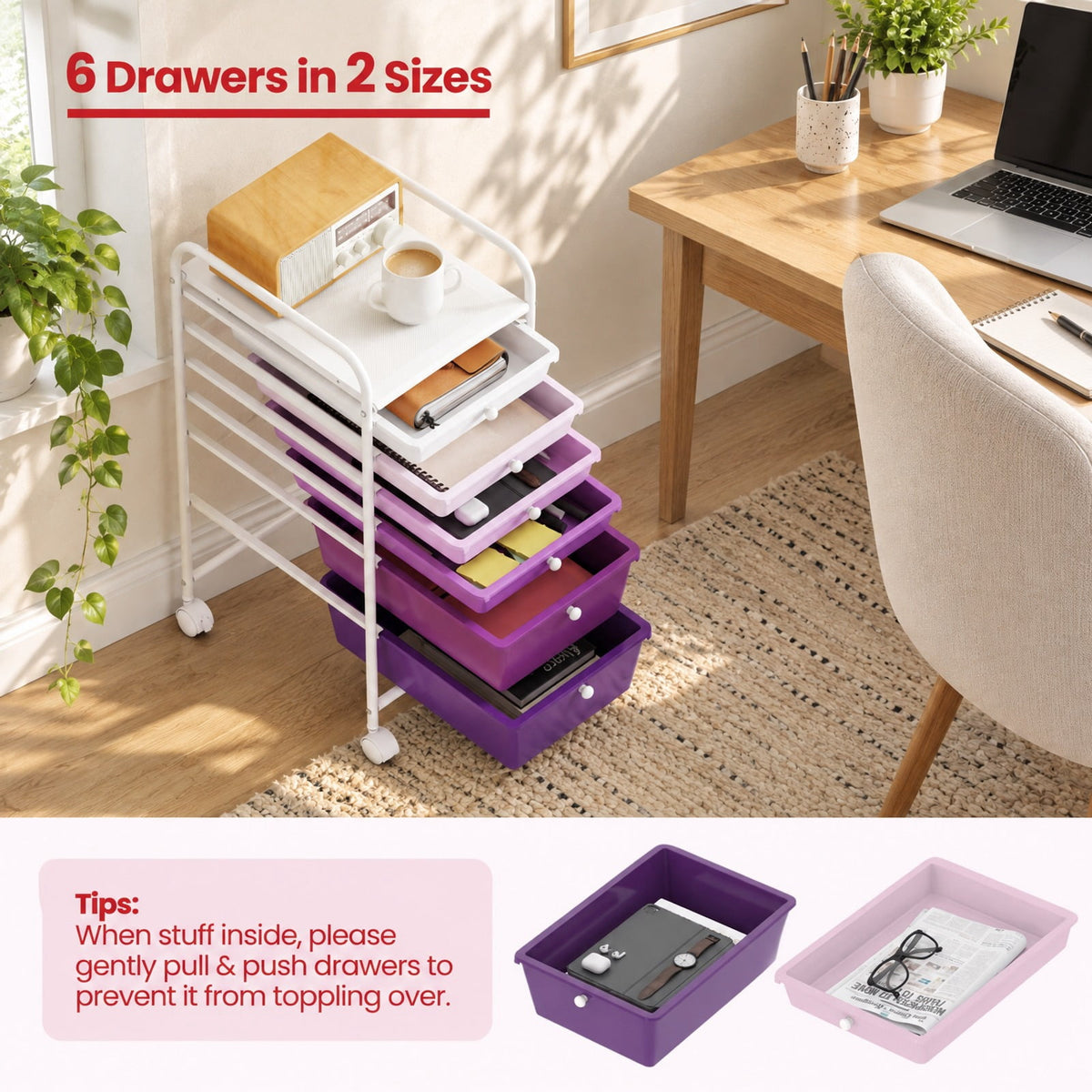 Airfind Multifunctional 6 Drawers Rolling Storage Cart Organizer, Steel Frame, 17 x 13.5 x 30 Footprint, Purple