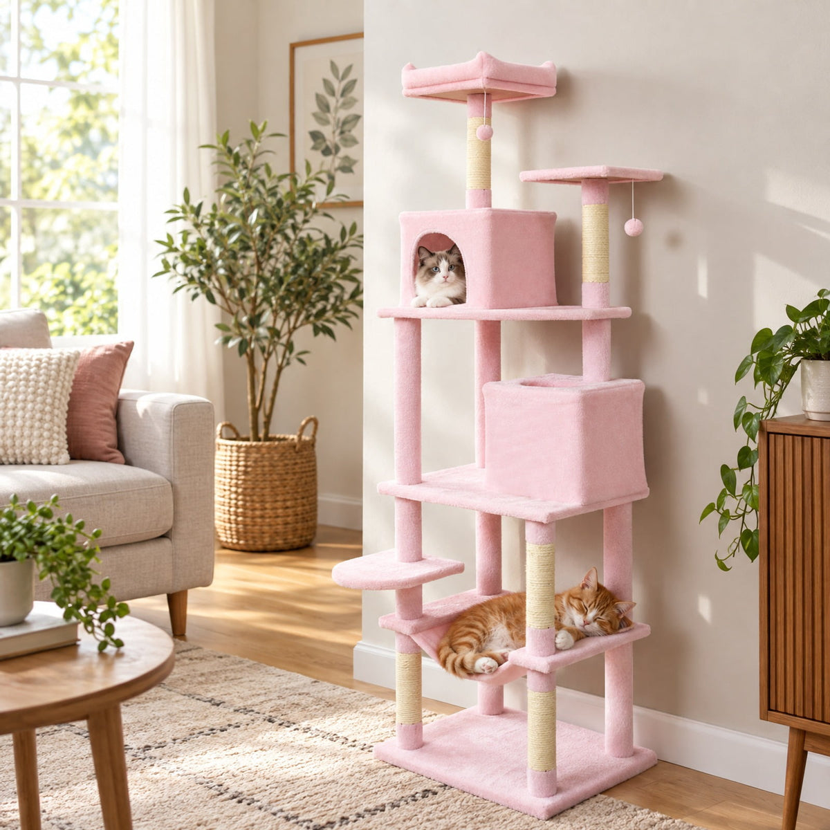 Airfind Multi-level Cat Tree Modern Cat Tower with Upholstered Perch and 2 Cat Condo, 24 x 18.5 Footprint, Pink