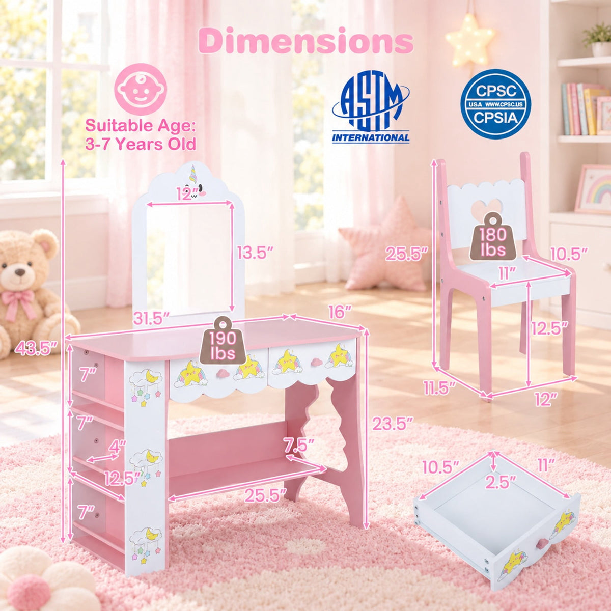 Airfind Youth Vanity Set Princess Girls Dressing Table featuring Mirror and Chair, 190 lbs Capacity, MDF Glass Frame, for 3-7 Years Old, White