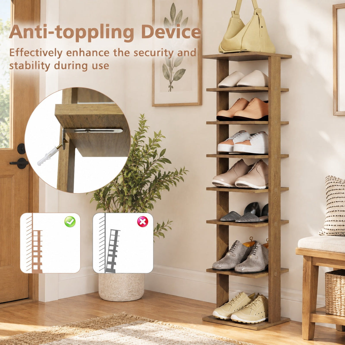 Airfind 8-Tiers Vertical Wooden Space Saving Shoe Rack for Front Door, Mdf, and High Quality for Convenient Everyday Use, Natural